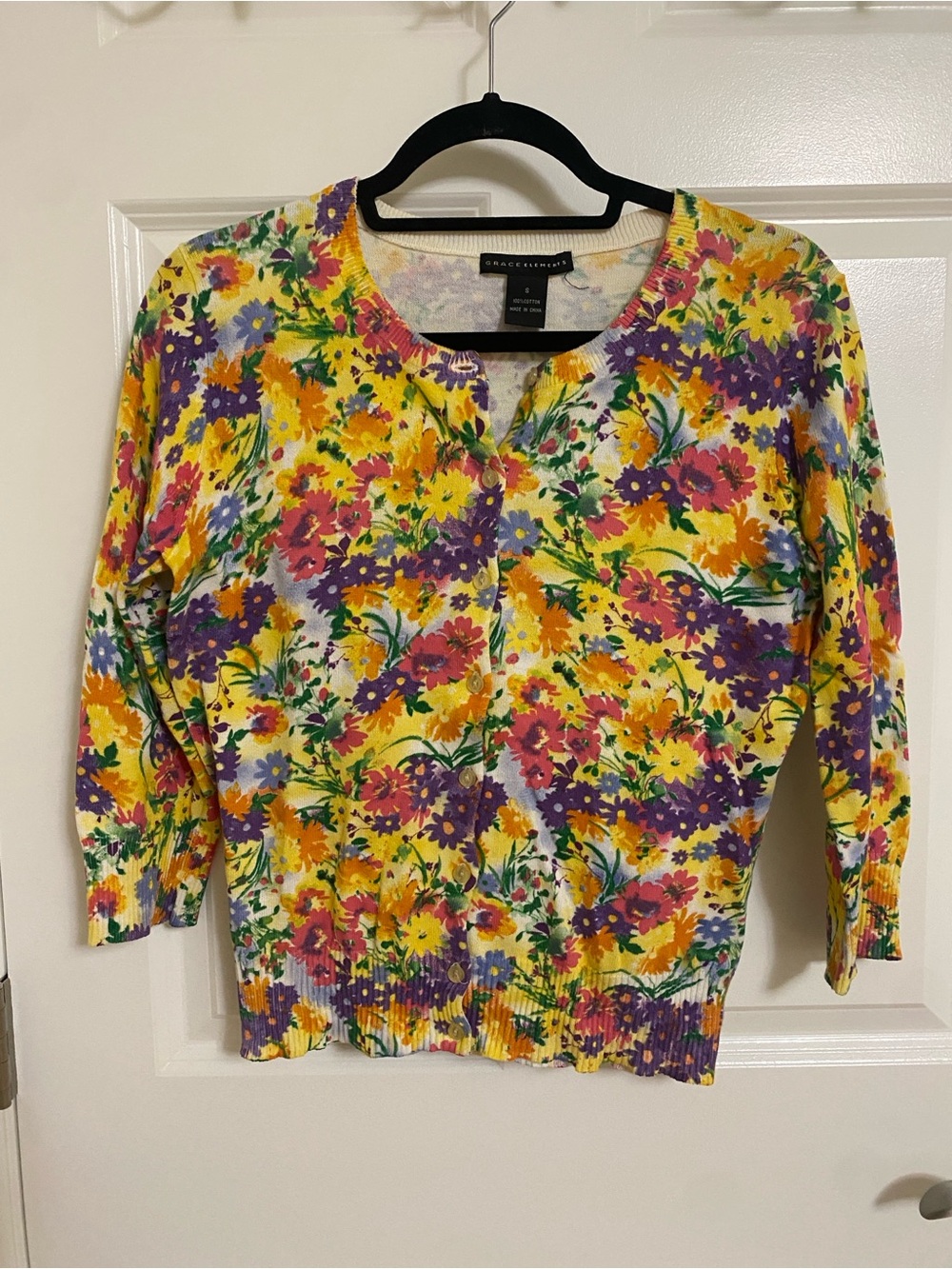 Grace Elements Floral Crewneck Cardigan - Yellow Multi